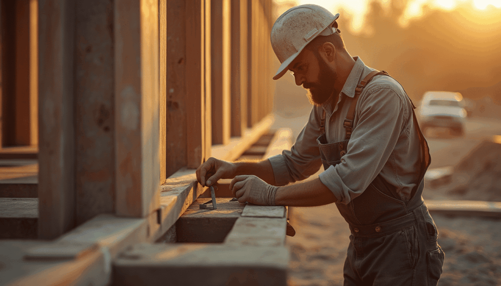 Contractor adjusting concrete forms