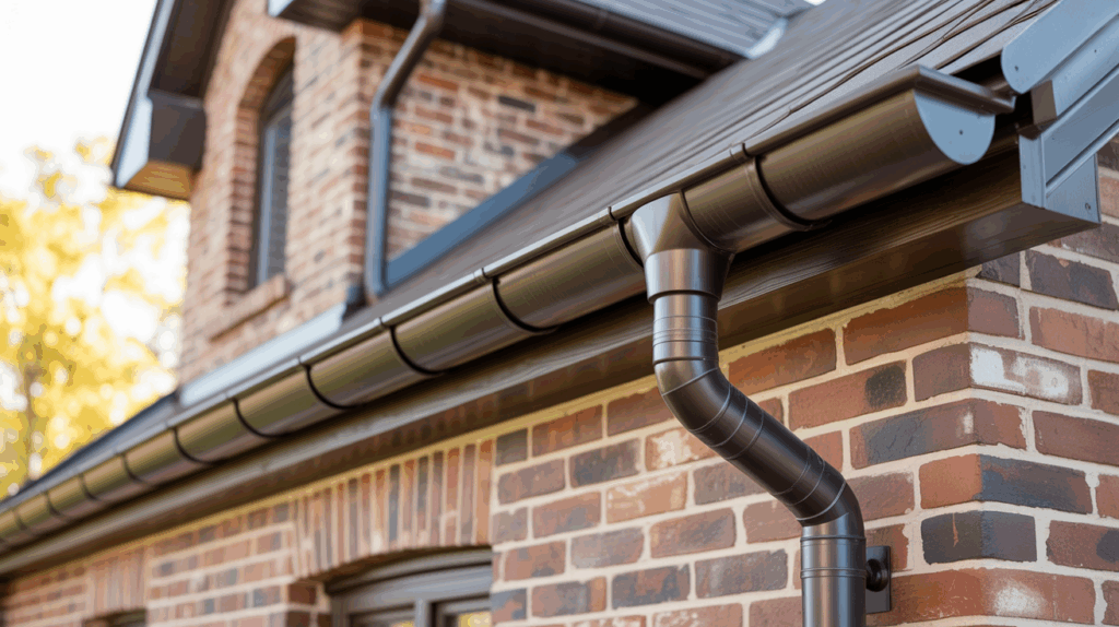 Residential gutter and downspout system installed on home exterior