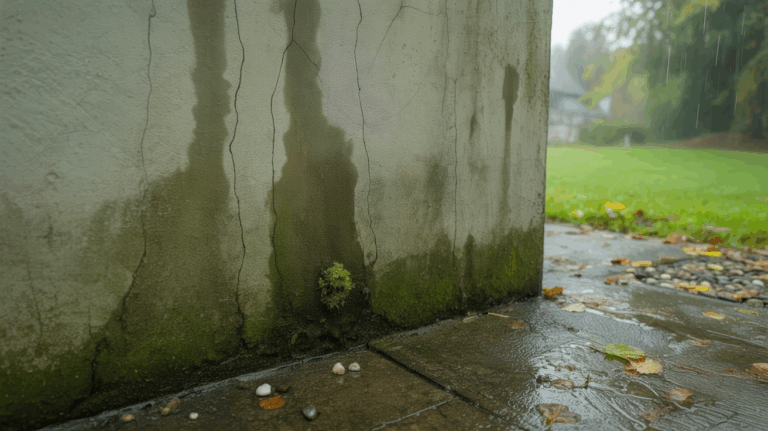cracked concrete foundation showing early signs of water damage before rainy season.