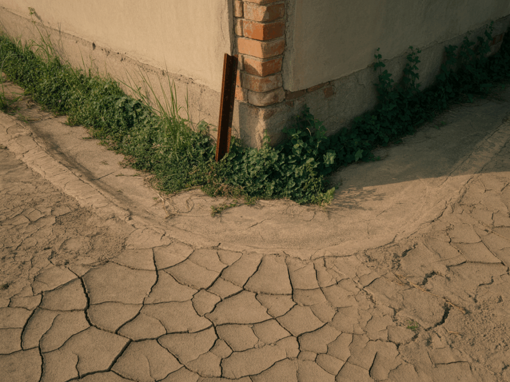 Dry, uneven soil adjacent to a foundation with visible settling patterns following summer heat.