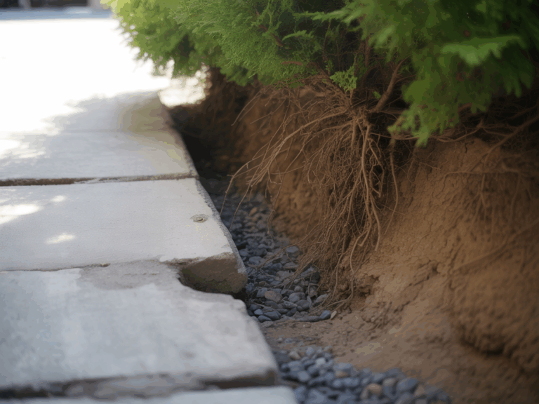 Foundation edge showing gap between concrete and soil after summer settlement.
