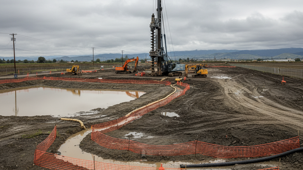Drilling equipment on wet winter soil with drainage solutions in a Southern California construction zone.