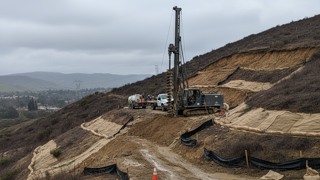 Geotechnical drilling rig operating on a Southern California hillside during winter weather with erosion control measures.