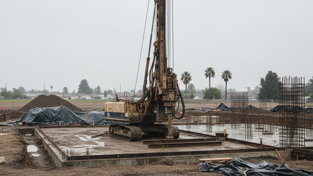 Southern California construction site in December with damp soil and foundation excavation visible.