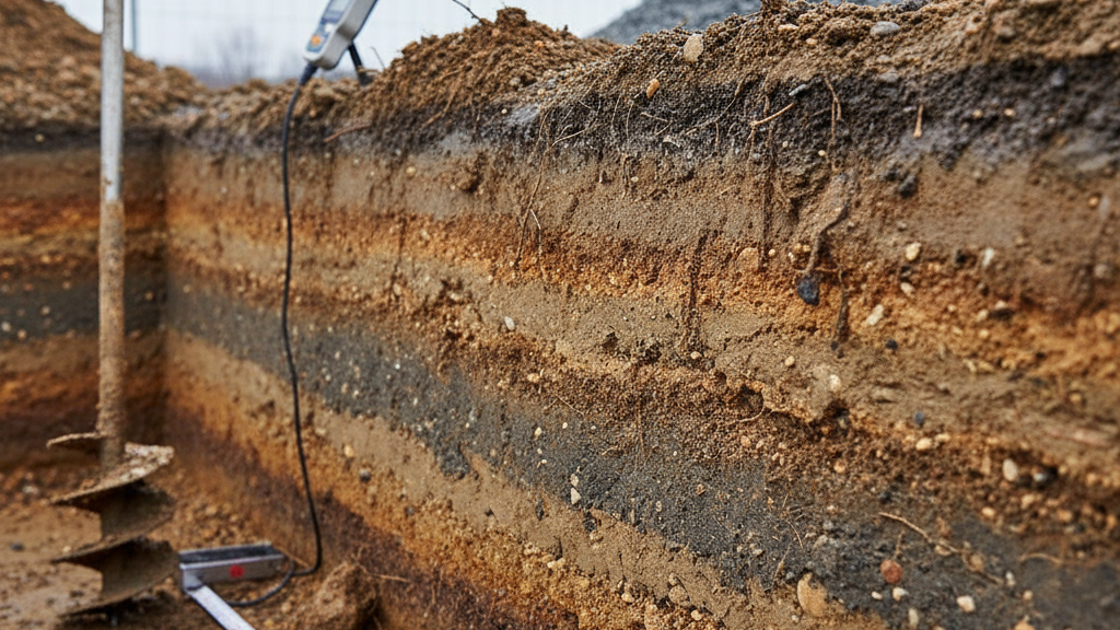 Close-up cross-section of wet December soil at a construction site with soil testing tools visible.