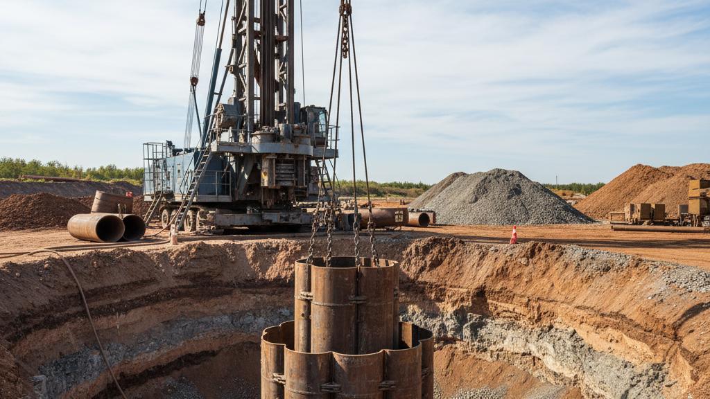 Deep drilling borehole with protective steel casing being installed at a construction site