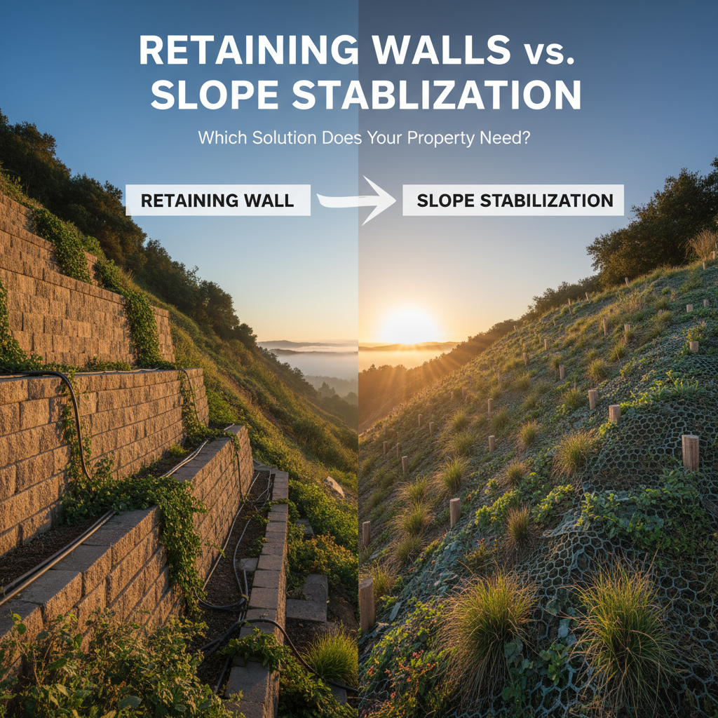 Retaining wall vs slope stabilization. Erosion control, soil support, landscaping.