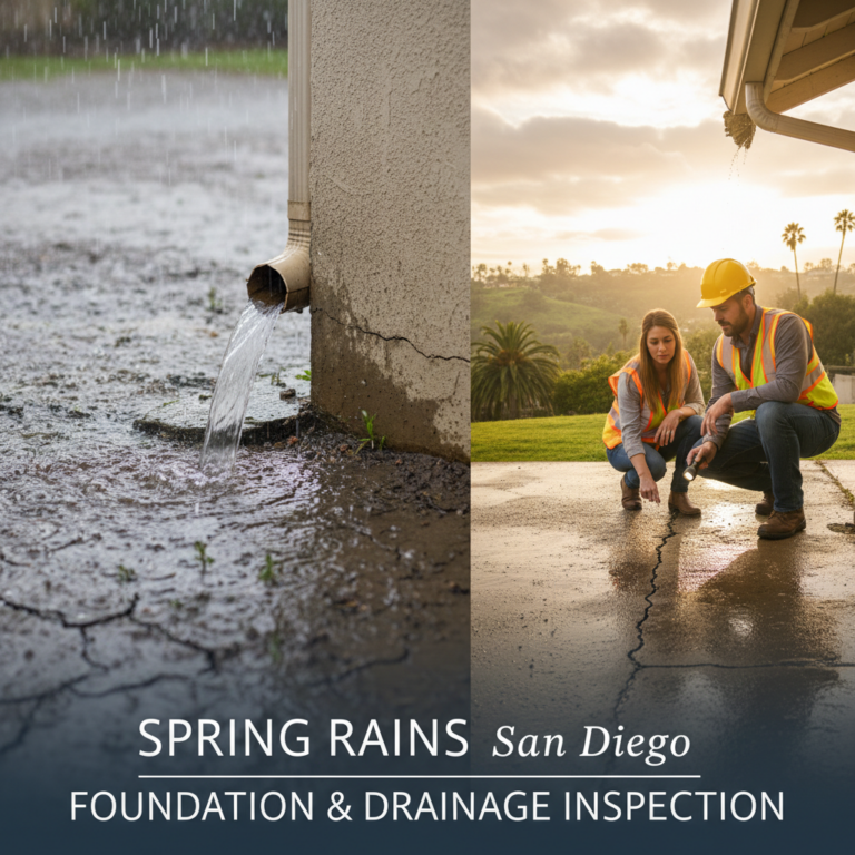 San Diego spring rains: Inspecting house foundation & drainage for water damage.