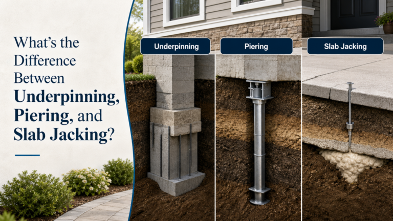 Foundation repair methods underpinning, piering, slab jacking