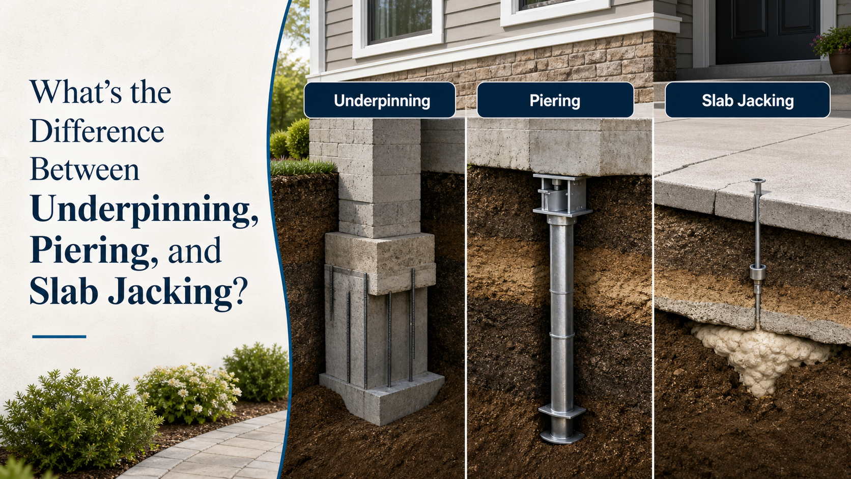 Foundation repair methods underpinning, piering, slab jacking