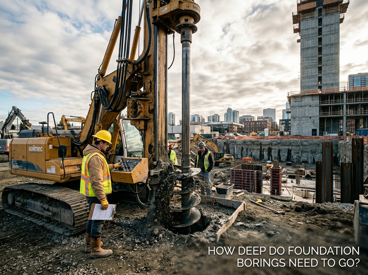Geotechnical drill rig conducting deep soil borings to bedrock for building foundation depth testing.