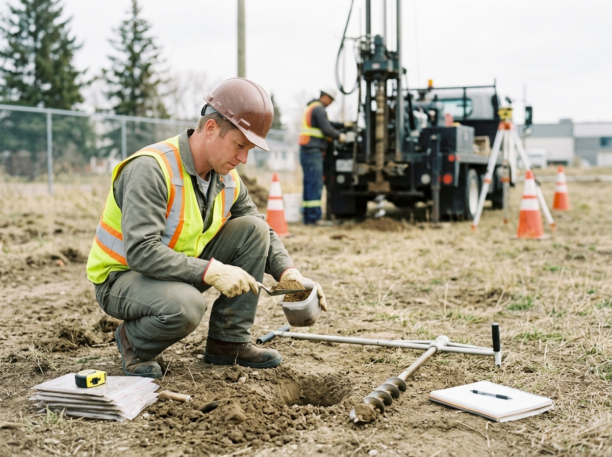 Geotechnical engineer reviewing a soils report during construction site soil testing for foundation ground conditions.