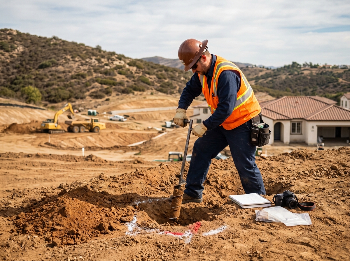 Geotechnical engineer conducting soil testing on a San Diego County construction site for a soils report cost estimate.